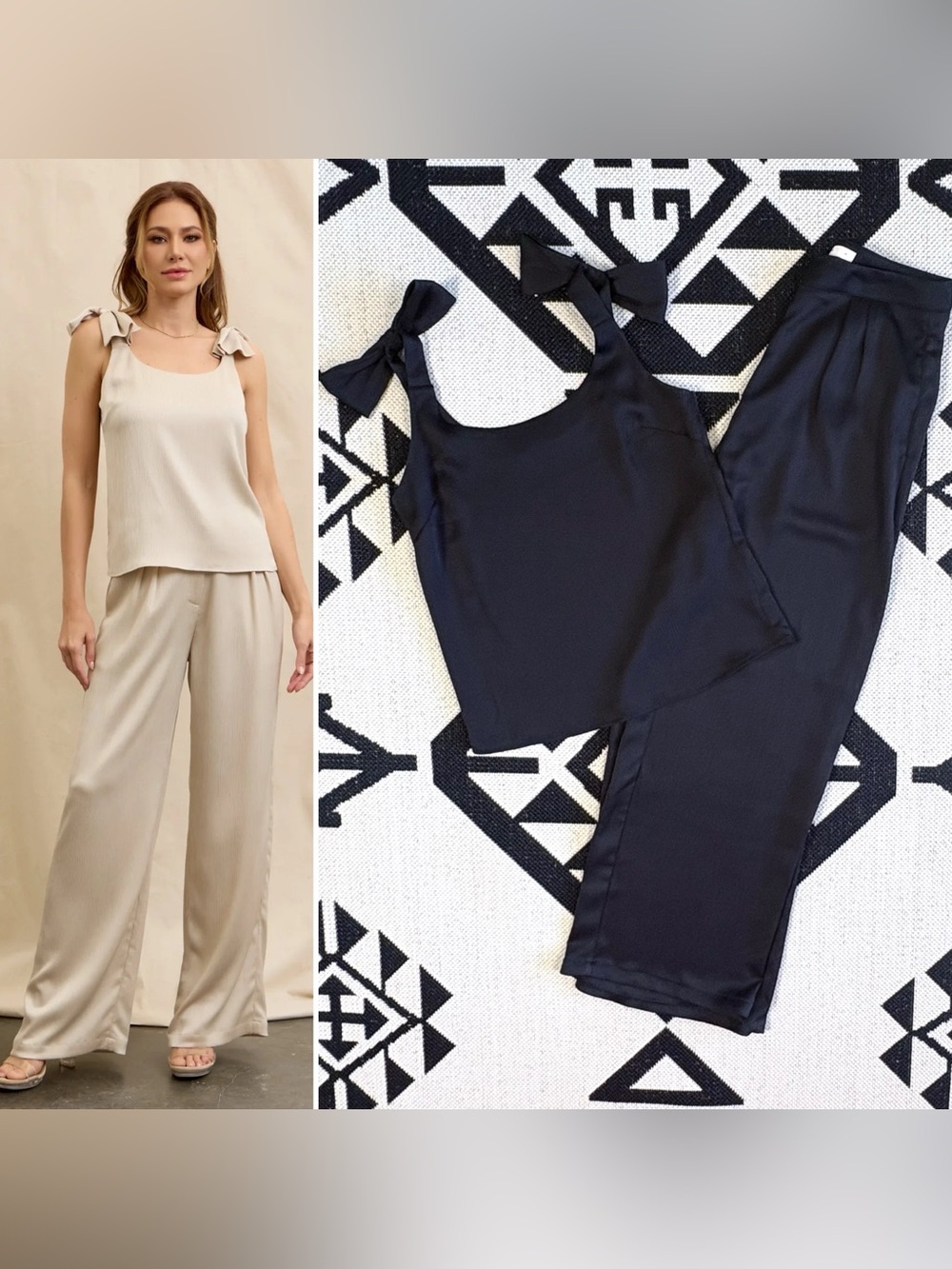 Rivir Textured Bow Bliss Woven Top & Wide Leg Pants Set in Black Small